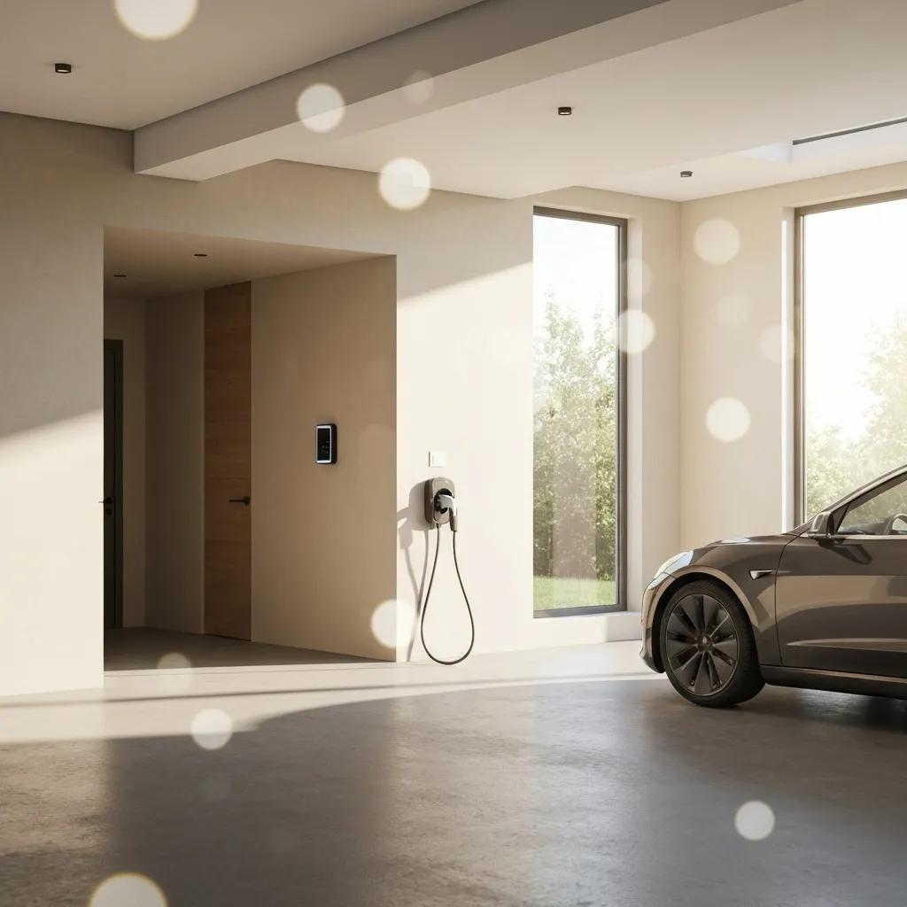 An electrician installing an EV charger in a modern home garage next to an electric car