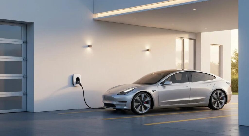 Domestic electric vehicle charger installed on a suburban driveway