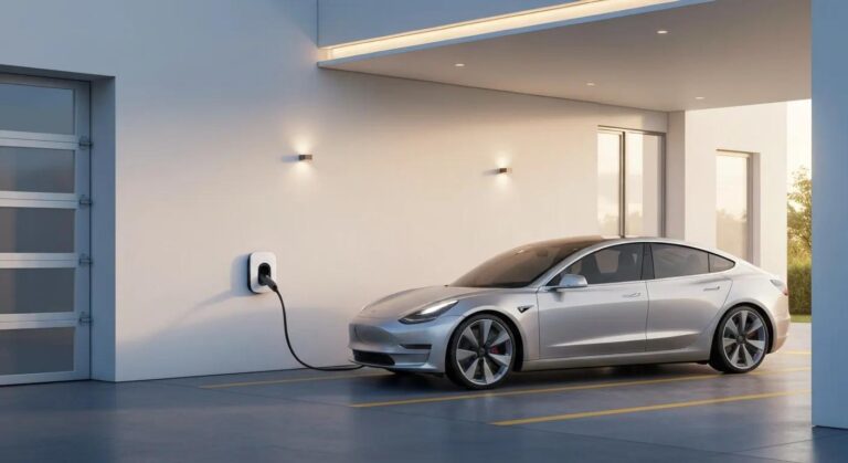 Domestic electric vehicle charger installed on a suburban driveway